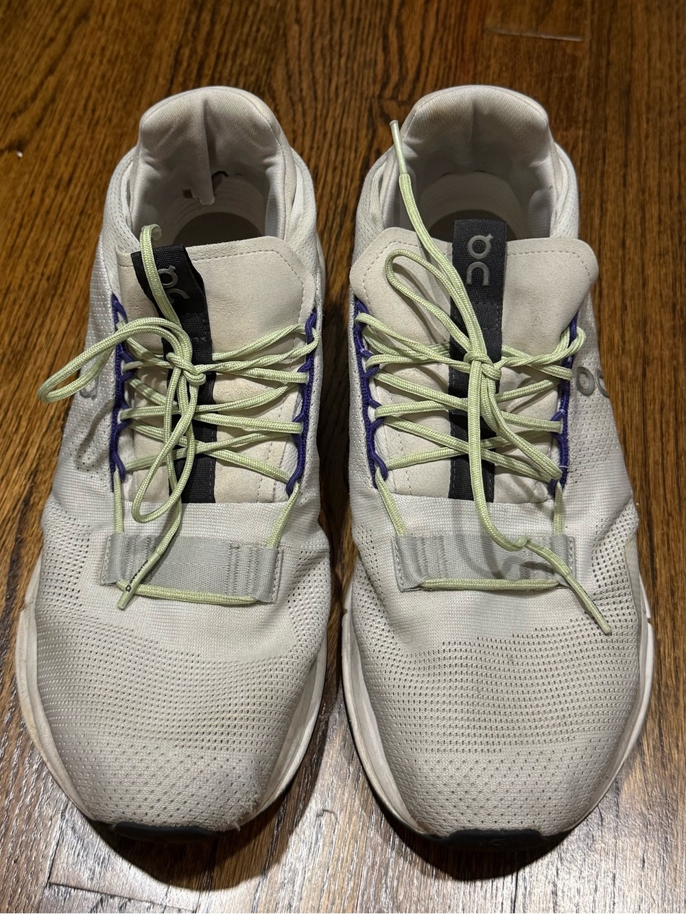 On Running White Athletic Shoes with Light Green Laces